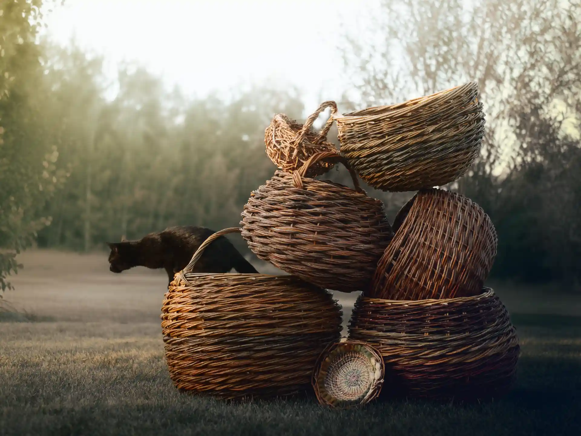 A round willow basket rests on the grass, with small yellow and violet flowers behind it.